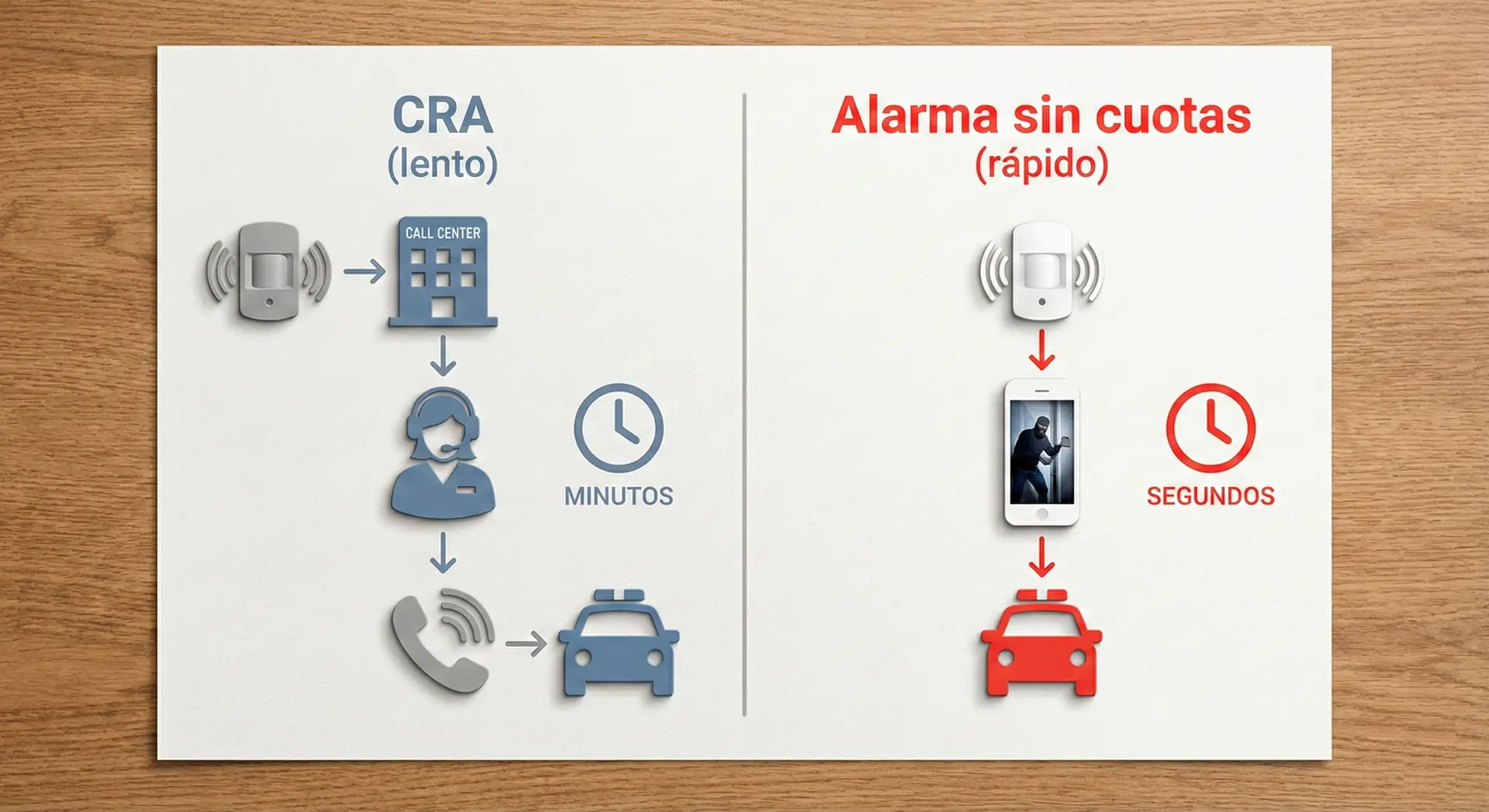 Infografía comparativa: el lento aviso a policía de una CRA en minutos frente a la rapidez de una alarma sin cuotas al móvil en segundos