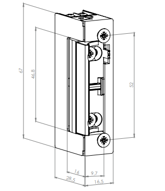 [1410-901G] CERRADERO FAIL SECURE 12V DC. PESTILLO REGULABLE. REVERSIBLE. SIMÉTRICO. CAJA DE 67 mm x 28,5 mm x 16,5 mm (largo x alto x ancho)